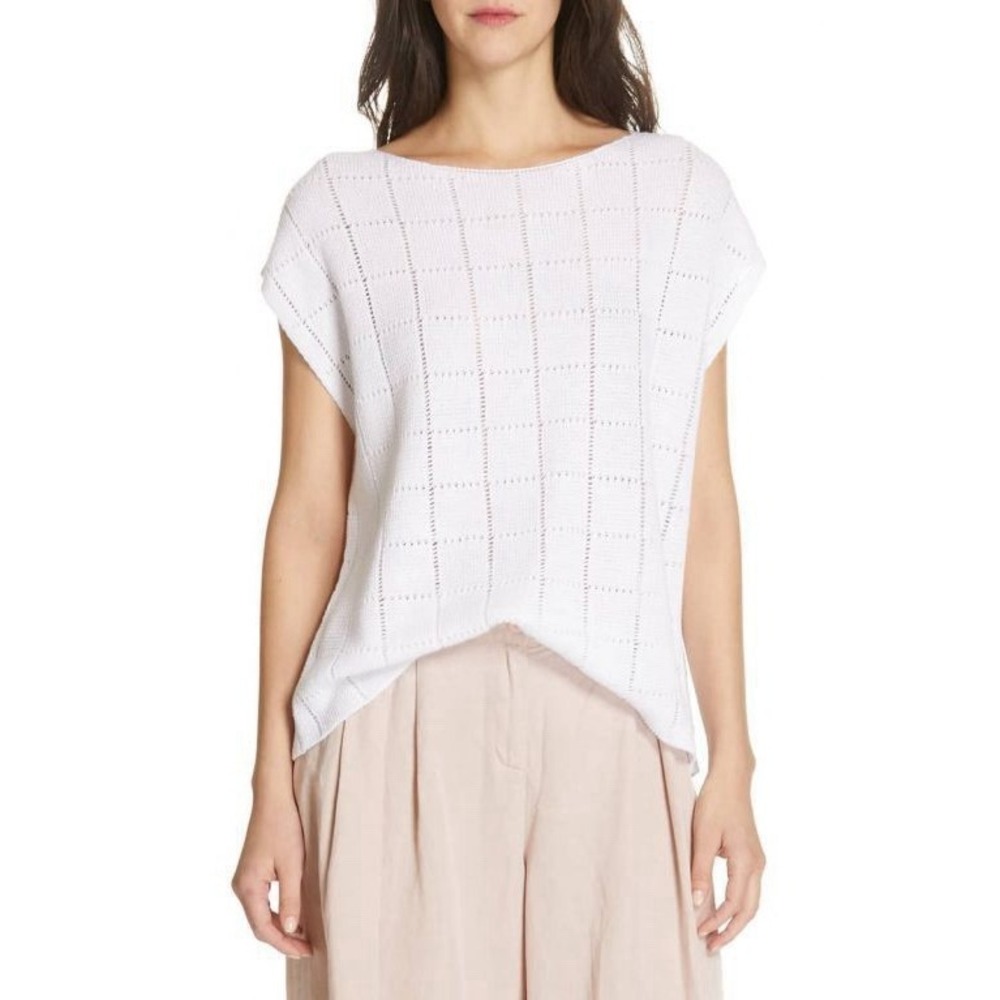 Eileen Fisher Womens L/XL Organic Linen Boxy Fit Boat Neck Knit Check Top White